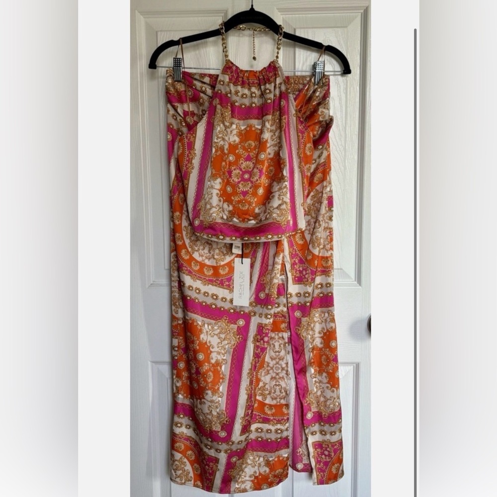 Rachel Zoe Pink Orange Baroque Print Halter Blouse and Skirt